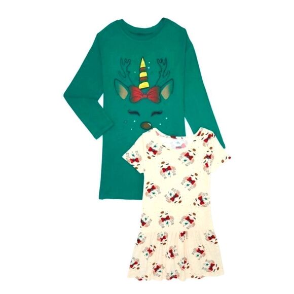 Nwt Girl's Christmas Unicorn Reindeer 2 pack Dress - Picture 2 of 10